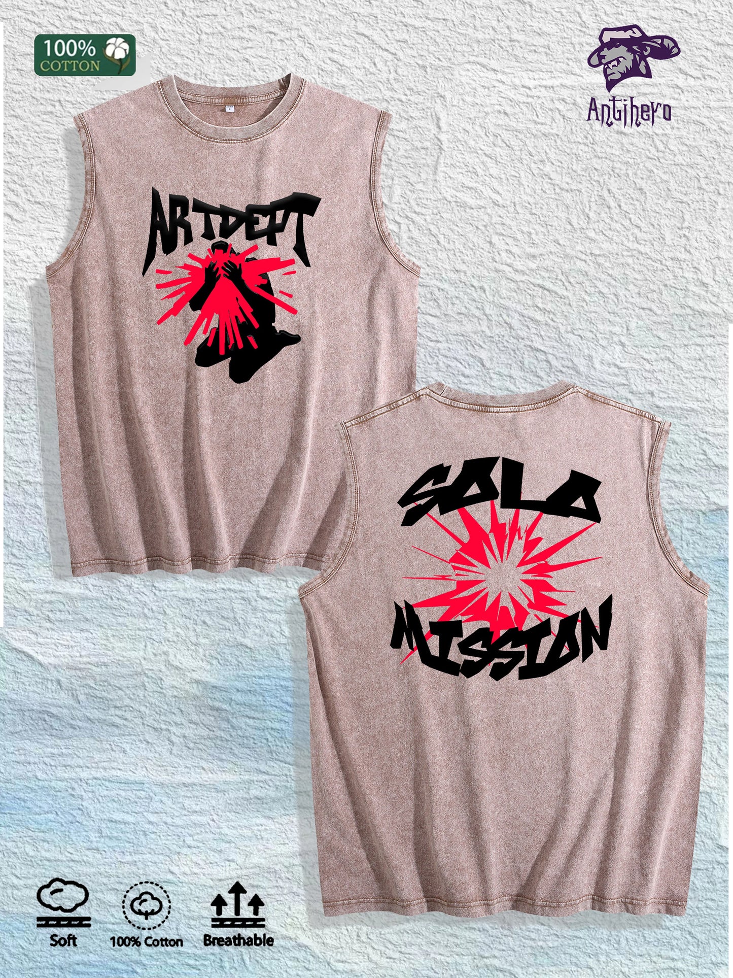 ARTDEPT Solo Mission Graphic Washed Vest US Warehouse 3 Colors Cotton Tank