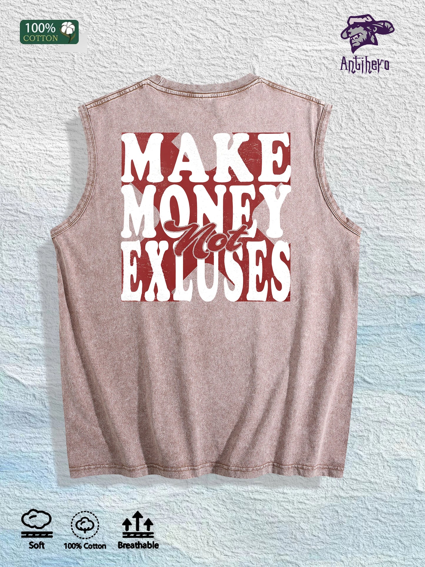 Make Money Not Excuses Graphic Washed Vest US Warehouse 3 Colors Cotton Tank
