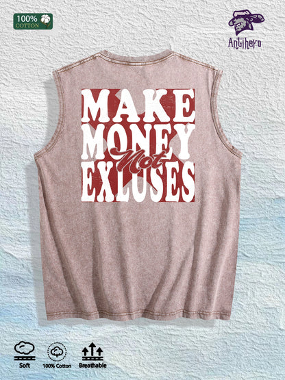 Make Money Not Excuses Graphic Washed Vest US Warehouse 3 Colors Cotton Tank