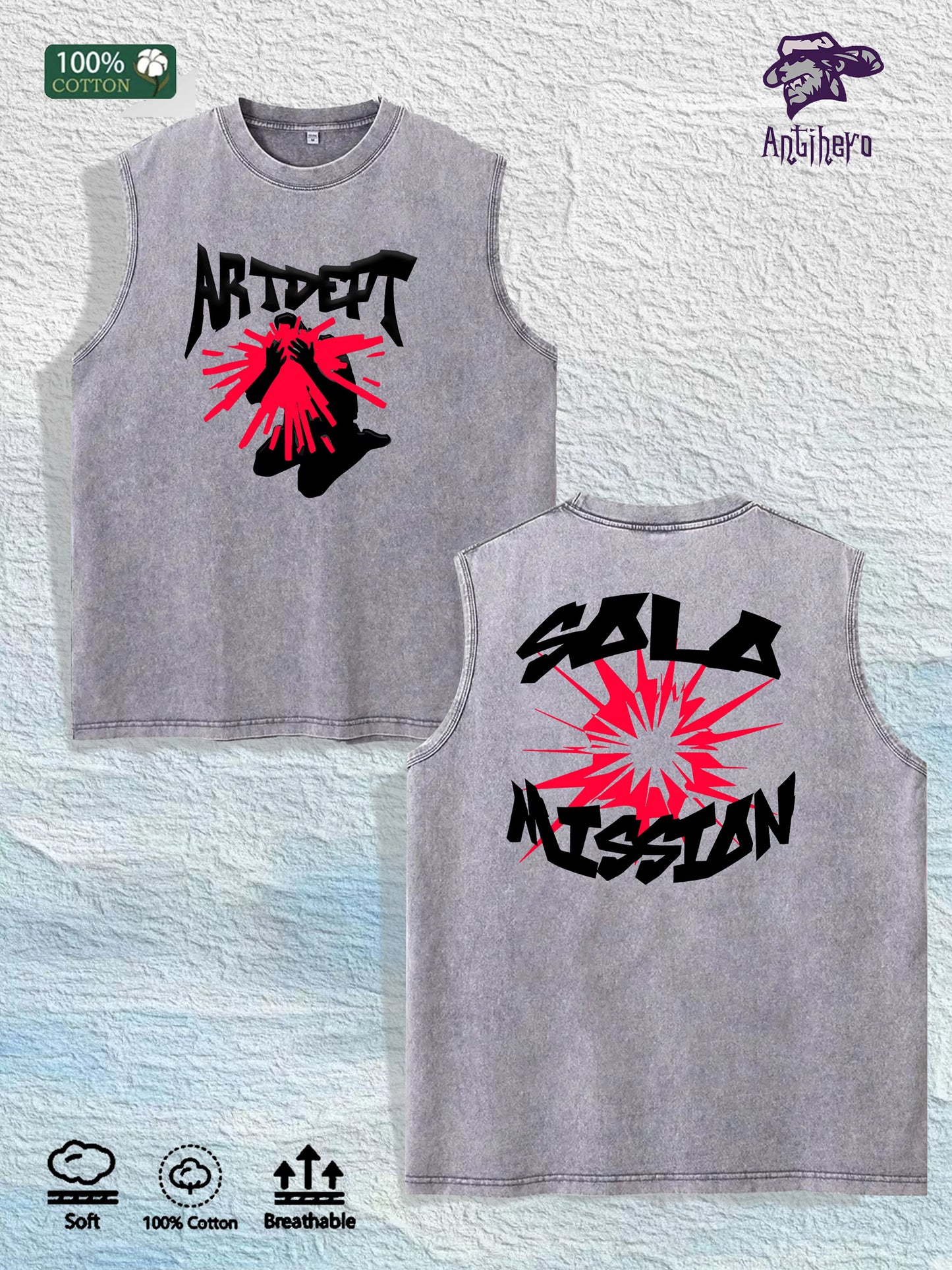 ARTDEPT Solo Mission Graphic Washed Vest US Warehouse 3 Colors Cotton Tank