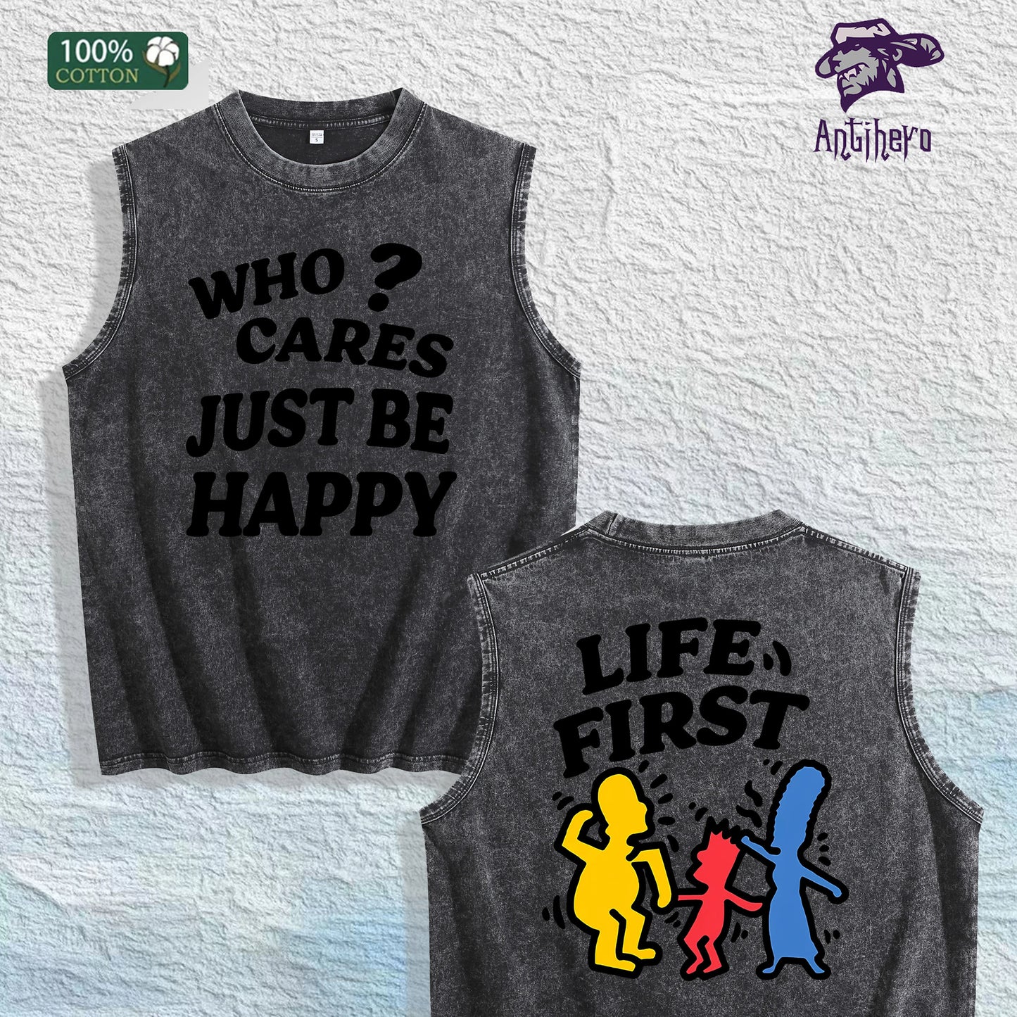 Life First Graphic Washed Vest US Warehouse 3 Colors Cotton Tank