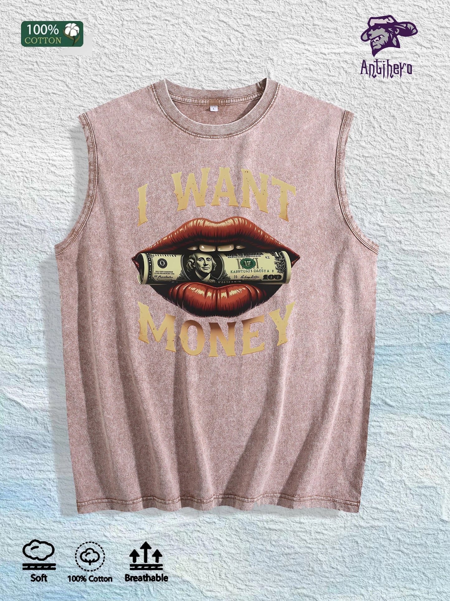 I WANT MONEY Graphic Washed Vest US Warehouse 3 Colors Cotton Tank
