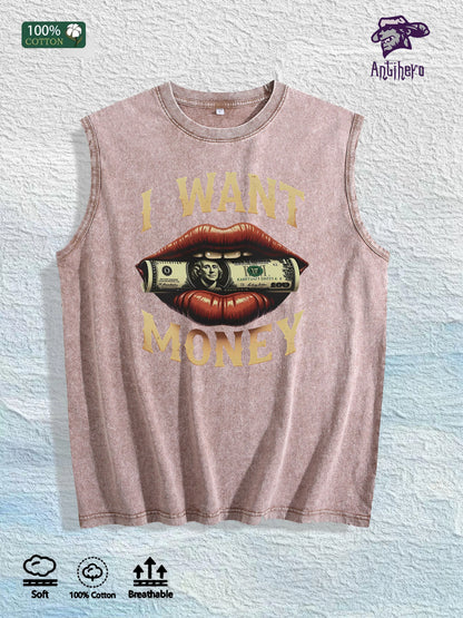 I WANT MONEY Graphic Washed Vest US Warehouse 3 Colors Cotton Tank