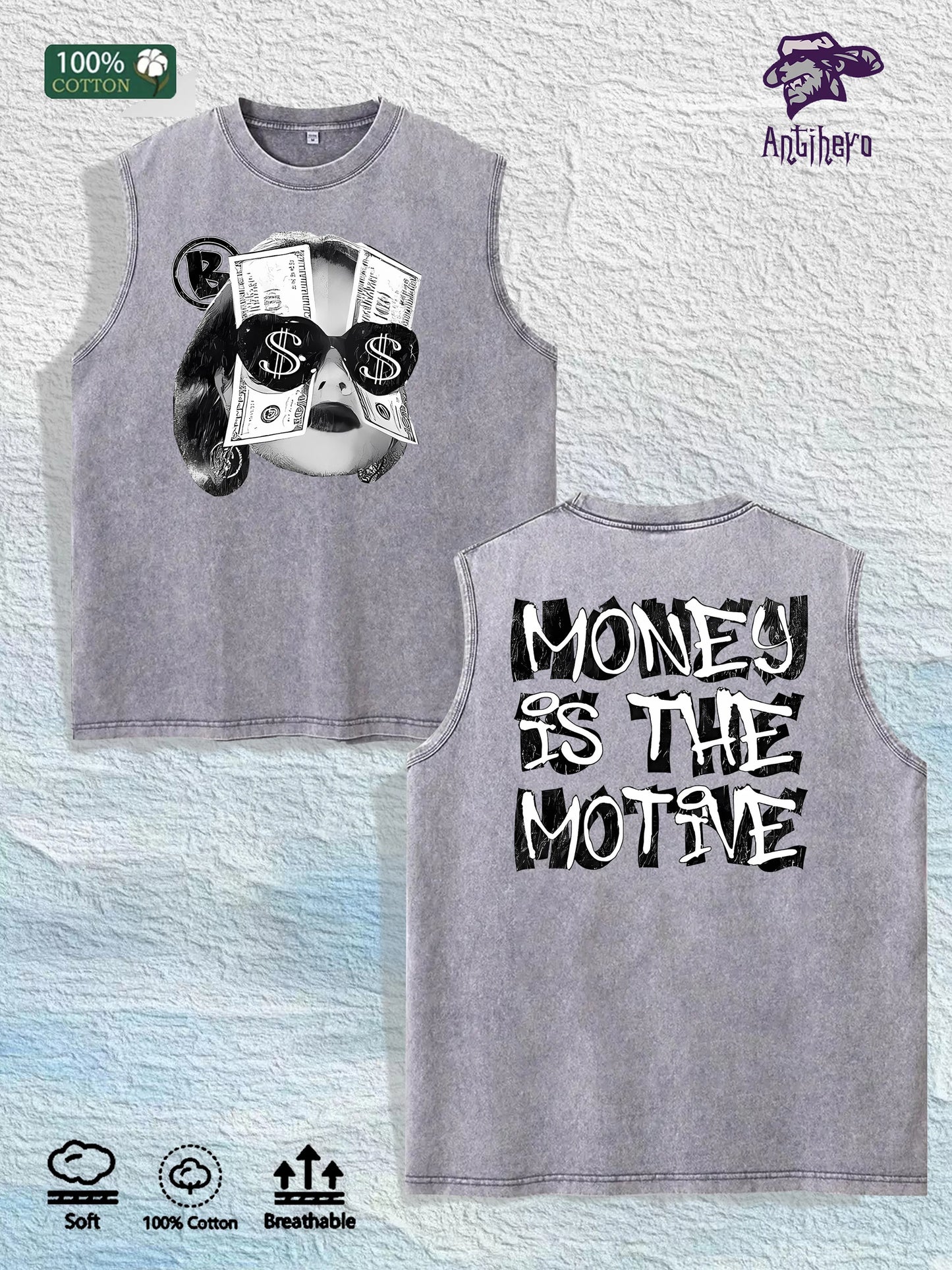 MONEY IS the MOTIVE Printed Washed Vest US Local Warehouse 3 Colors Cotton Breathable Trendy Top