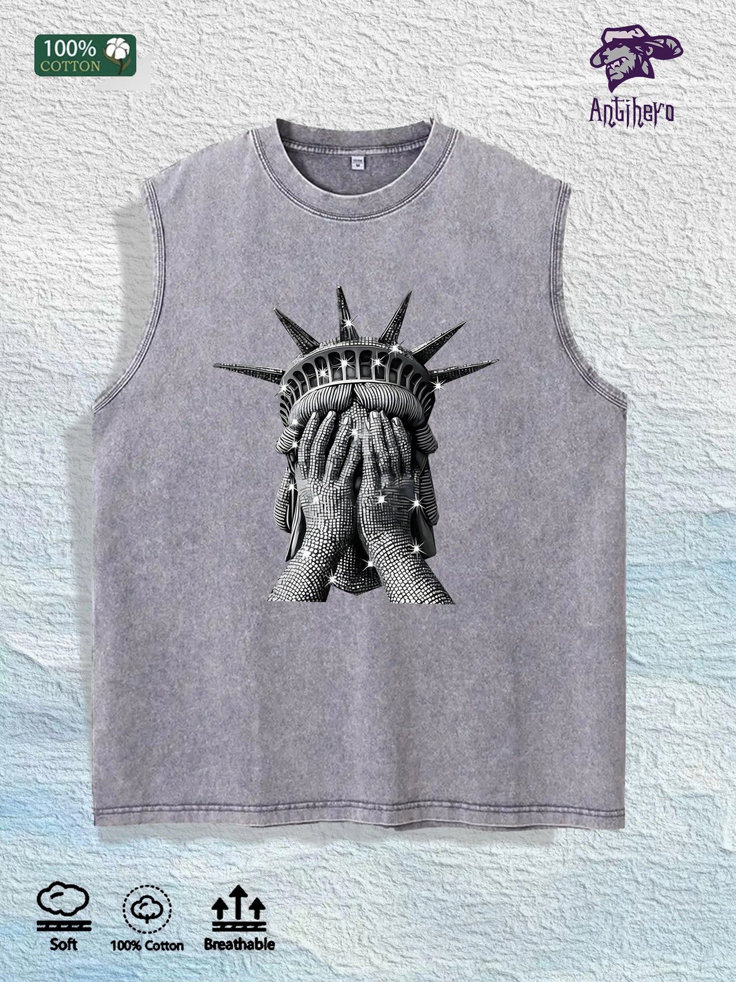 Liberty Covered Eyes Graphic Washed Vest US Warehouse 3 Colors Cotton Tank