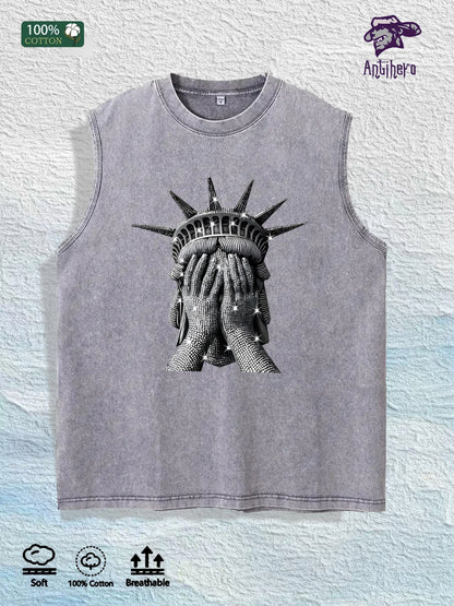 Liberty Covered Eyes Graphic Washed Vest US Warehouse 3 Colors Cotton Tank