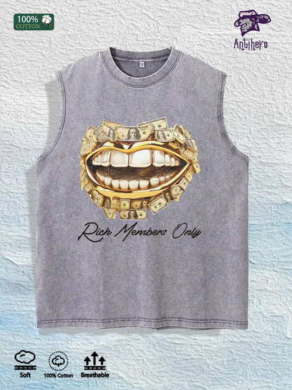 Rich Members Only Money Mouth Graphic Washed Vest US Warehouse 3 Colors Cotton Tank