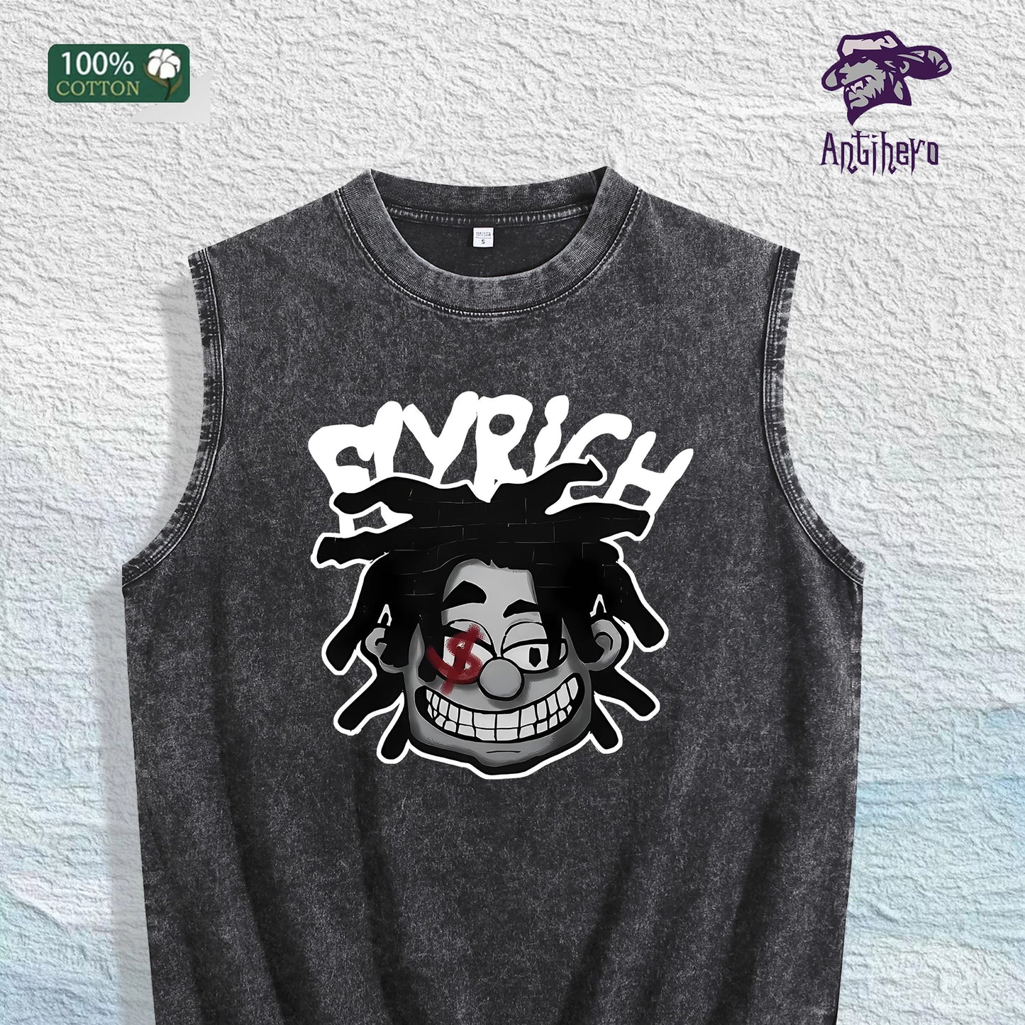 FlyRich Cartoon Graphic Washed Vest US Warehouse 3 Colors Cotton Tank