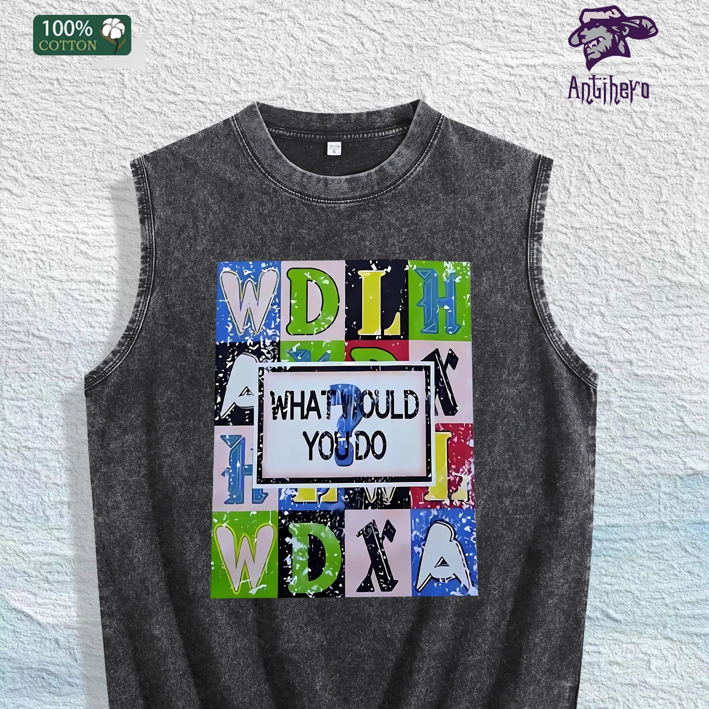 What Would You Do Graphic Washed Vest US Warehouse 3 Colors Cotton Tank