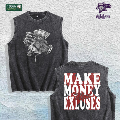 Make Money Not Excuses Graphic Washed Vest US Warehouse 3 Colors Cotton Tank