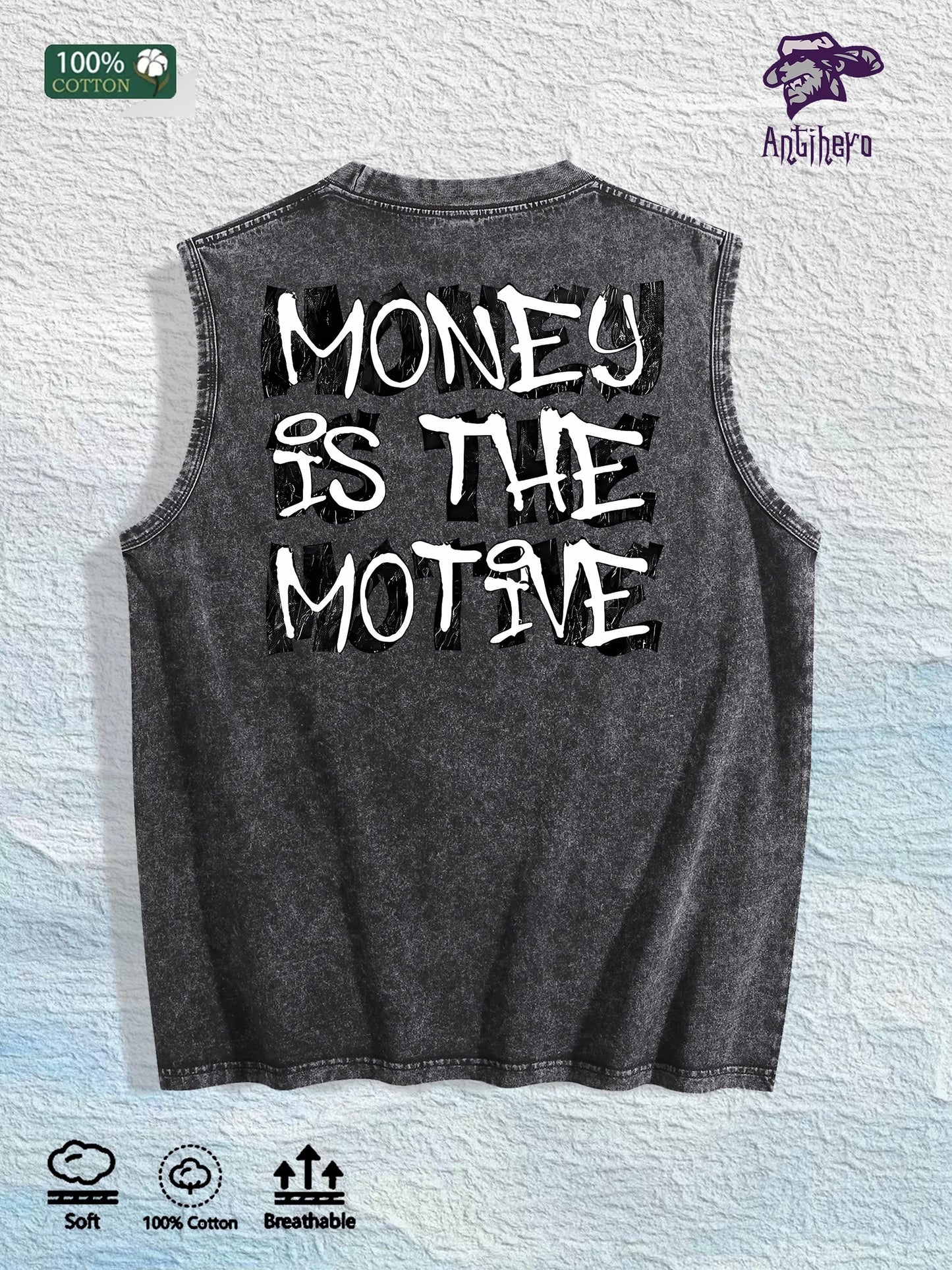 MONEY IS the MOTIVE Printed Washed Vest US Local Warehouse 3 Colors Cotton Breathable Trendy Top