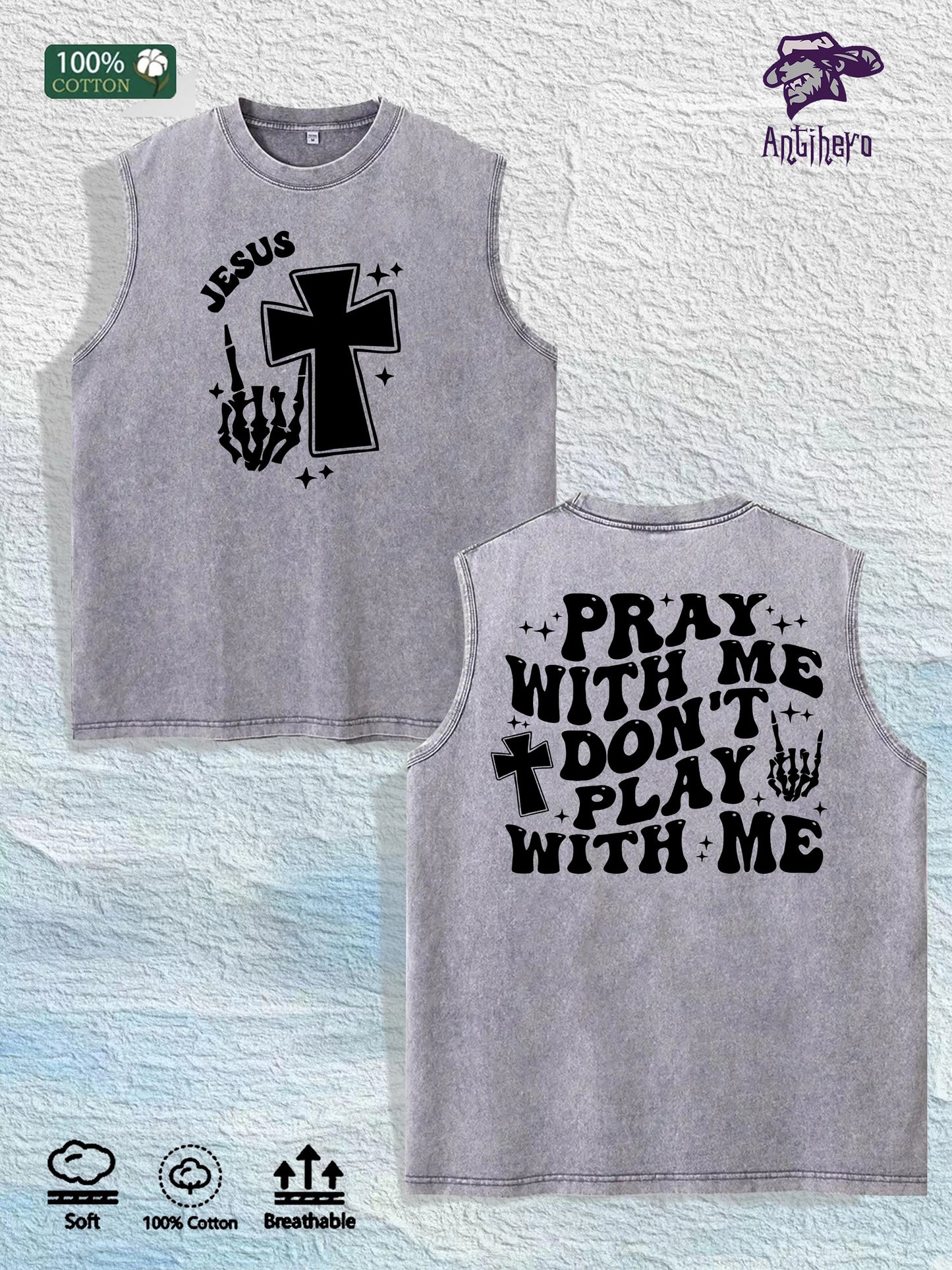 Religious Slogan Printed Washed Vest US Local Warehouse 3 Colors Cotton Breathable Trendy Top