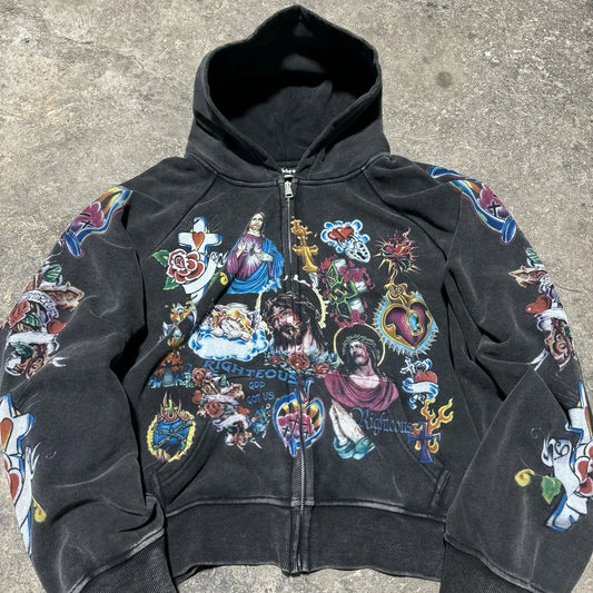 High Quality Y2k Retro Black Risen King Cropped Zip Up Hoodie Gothic Graphic Washed Hoodies for Men Women Sweatshirt Streetwear