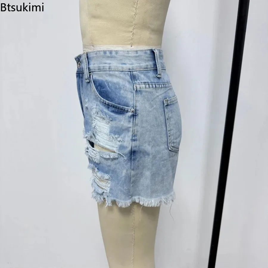 2026 Summer Ripped Jeans Women's Vintage Denim Shorts Fashion High Waist Skinny Washed Jean Shorts Holes Tassel Femme Hot Pants