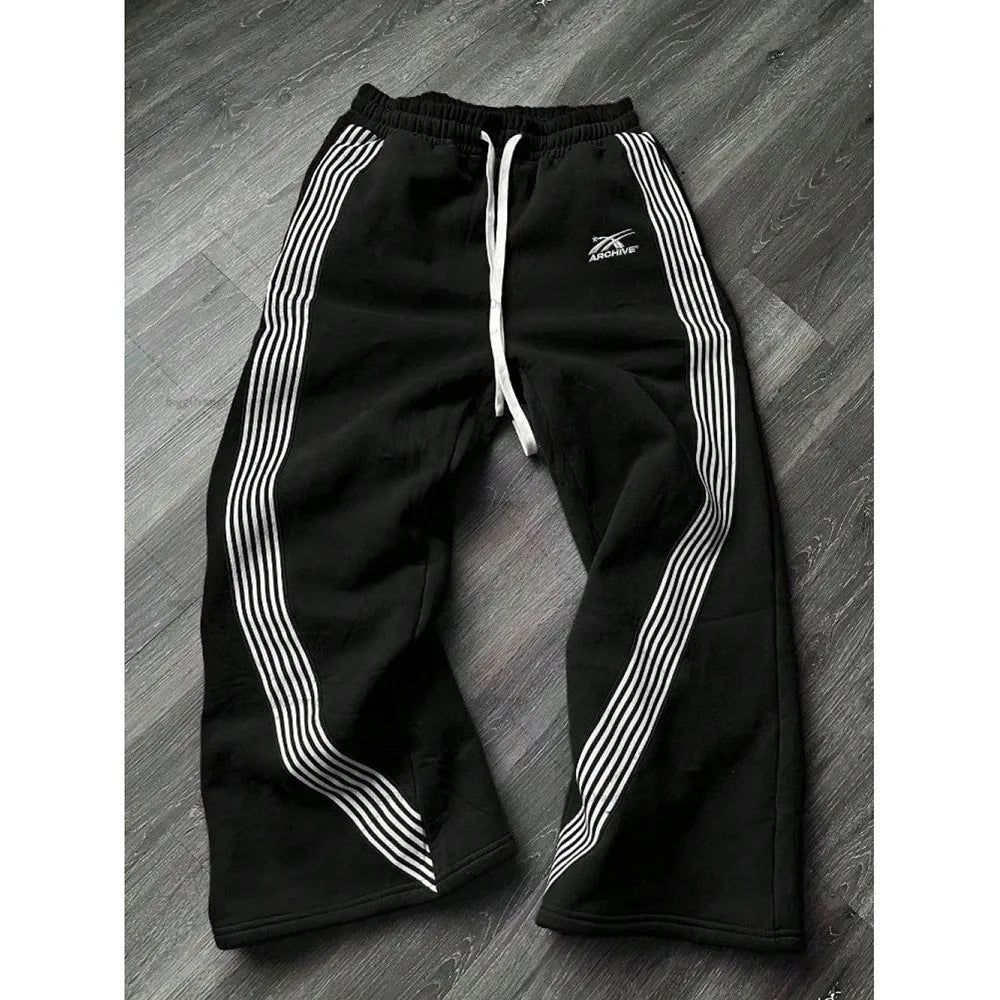 Men's Casual Striped Loose Wide Leg Pants Drawstring Straight Leg Sport Trousers Autumn Winter Fashion City Youth Polyester