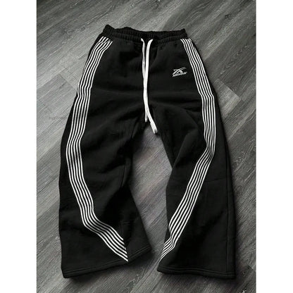 Men's Casual Striped Loose Wide Leg Pants Drawstring Straight Leg Sport Trousers Autumn Winter Fashion City Youth Polyester