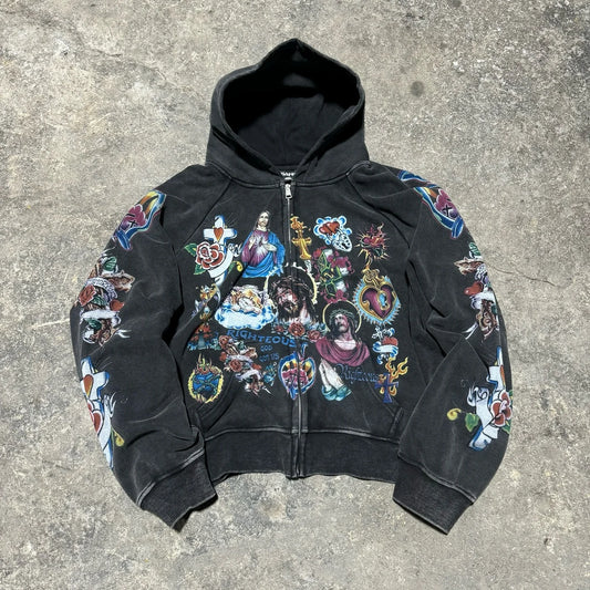 High Quality Y2k Retro Black Risen King Cropped Zip Up Hoodie Gothic Graphic Washed Hoodies for Men Women Sweatshirt Streetwear