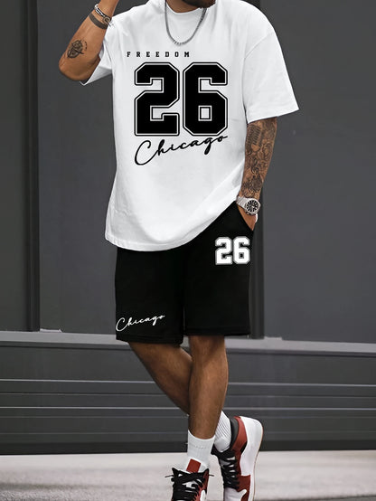 2025 summer new men's T-shirt shorts set sunglasses bear print short sleeved round neck T-shirt summer casual outdoor comfortabl