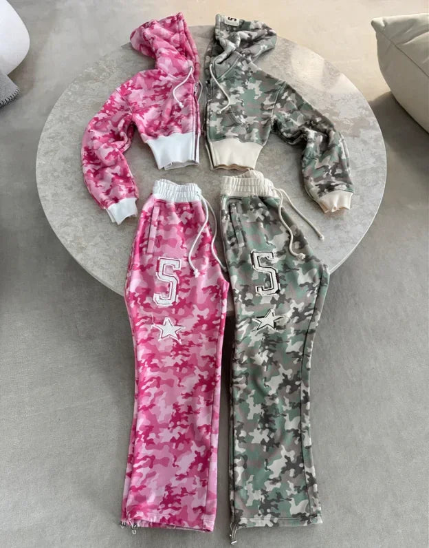 Fashion Trend Y2k Sportswear Two Piece Set Women Hip Hop Punk Camo Short Waist Slim Zipper Hoodie Casual High Waist Sports Pants