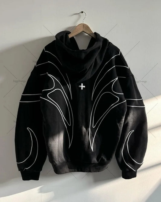 Striped splicing embroidery oversized hoodie American new clothing high street trend brand double zipper black zipper sweatshirt