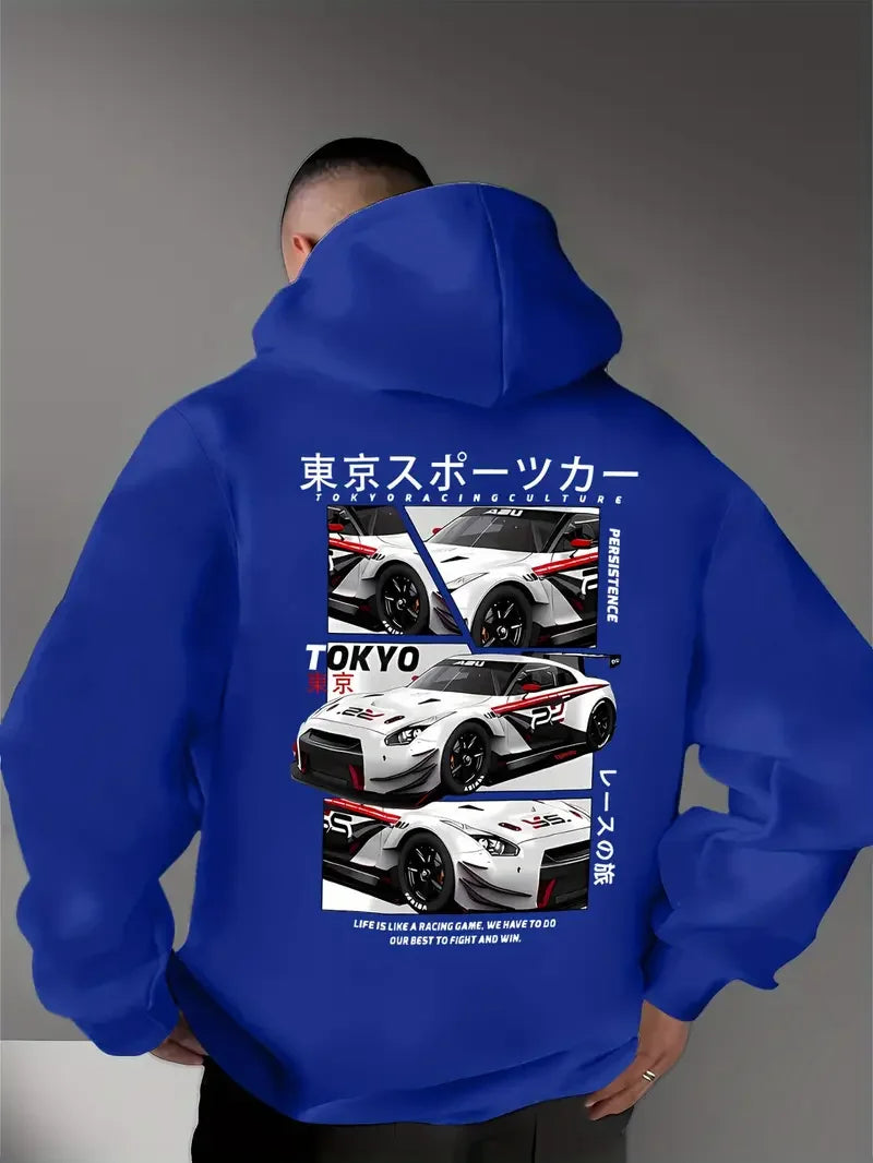 Behind the elements of the Japanese Tokyo Motor City, there is a big picture printed men's casual street style hoodie, sweatshir