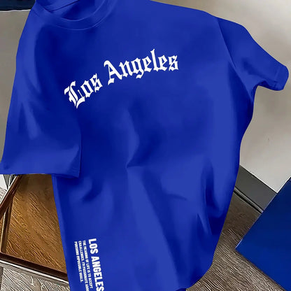 Men's Summer 100% Cotton Fashion Los Angeles Letter Printed Loose Large Casual Comfortable Round Neck Short Sleeve T-shirt Top