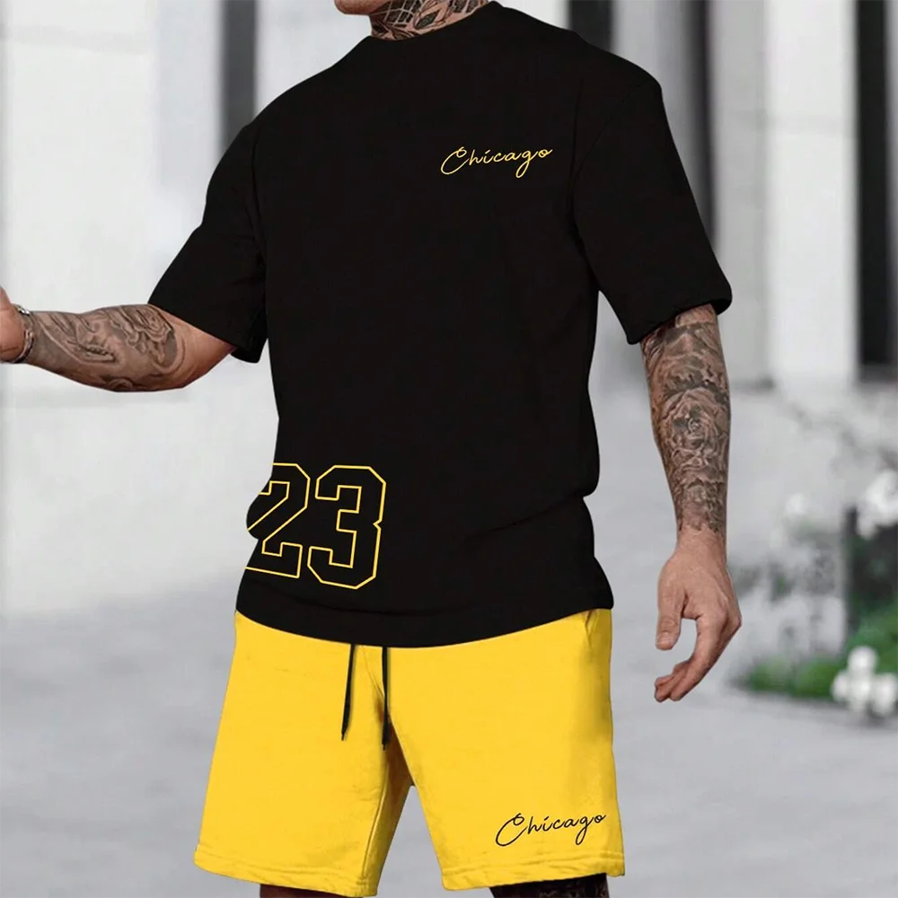2025 summer new men's T-shirt shorts set sunglasses bear print short sleeved round neck T-shirt summer casual outdoor comfortabl