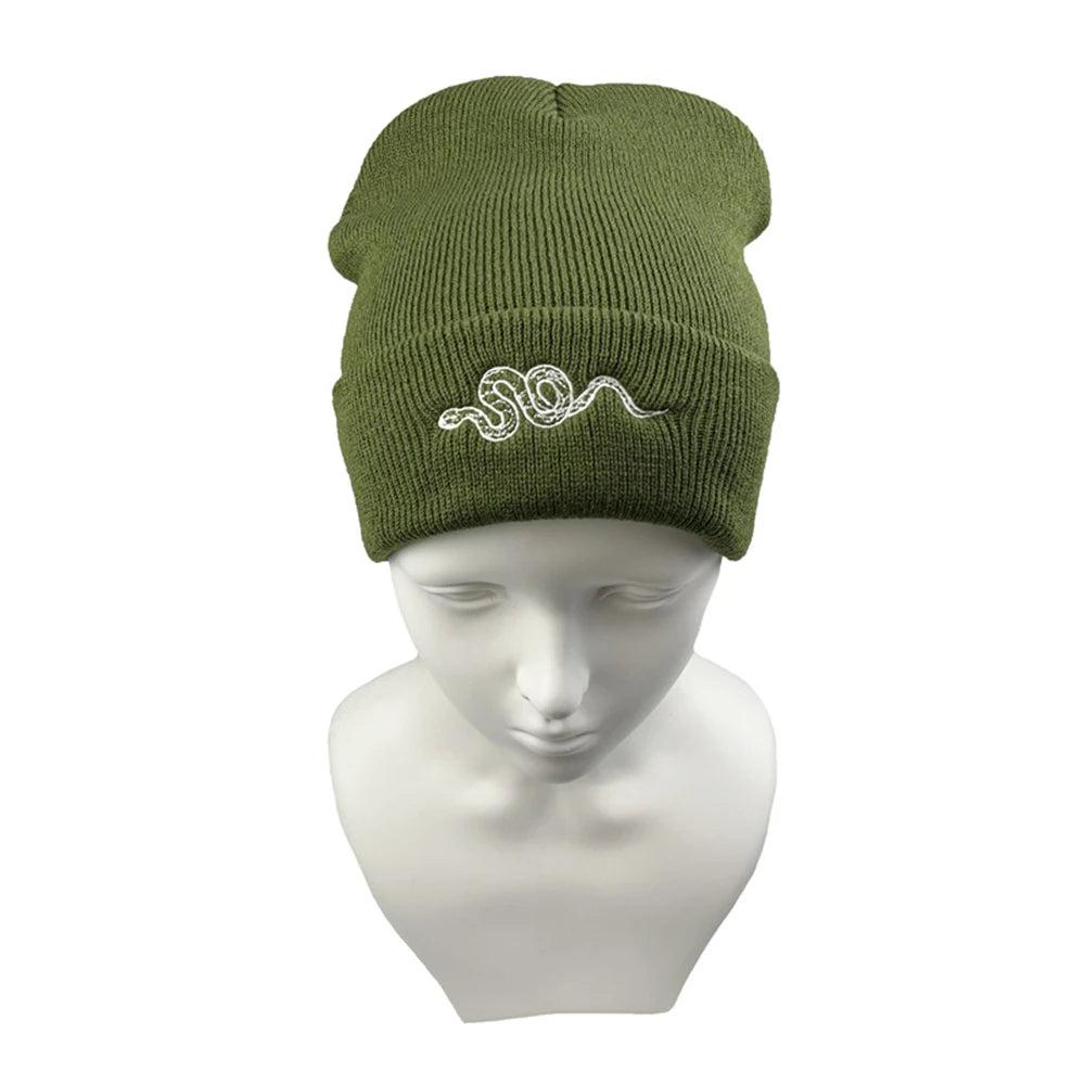 1pcs Knitted Hat, Hip-Hop Style, Stylish Snake Embroidered Knitted , Warm Woolen Hat For Men And Women Cap Green Black