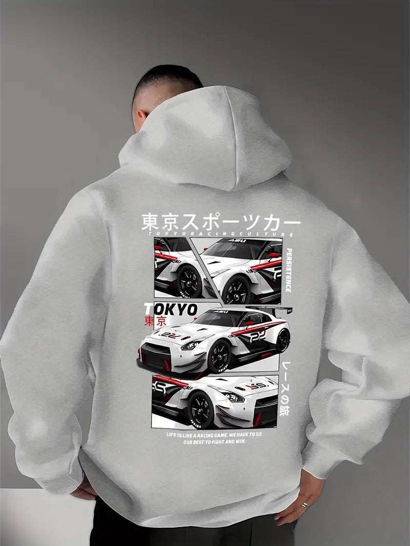 Behind the elements of the Japanese Tokyo Motor City, there is a big picture printed men's casual street style hoodie, sweatshir