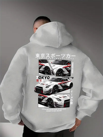 Behind the elements of the Japanese Tokyo Motor City, there is a big picture printed men's casual street style hoodie, sweatshir