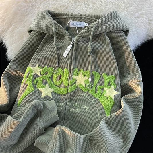 American Vintage Goth Corduroy Zip Up Hoodies For Men Hip Hop Fashion Foam Print Jacket Women's Y2K Streetwear Sweatshirts