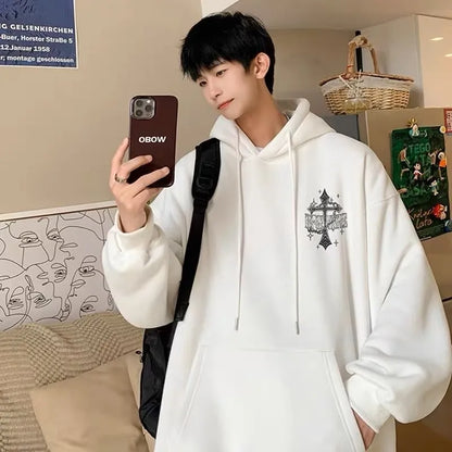 M-8XL Hoodie Men's Large Hoodie American Retro Loose Fashion High Street Cross Chain Printed Long Sleeve Double Shirt