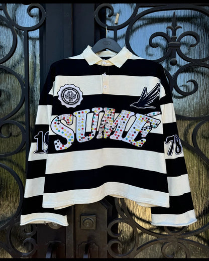 Sume Gothic Klein Stone Embroidery Loose Long Sleeved T Shirt Y2k Harajuku Hip Hop Men Women Stripe Polo Shirt Lapel Neck Shirt