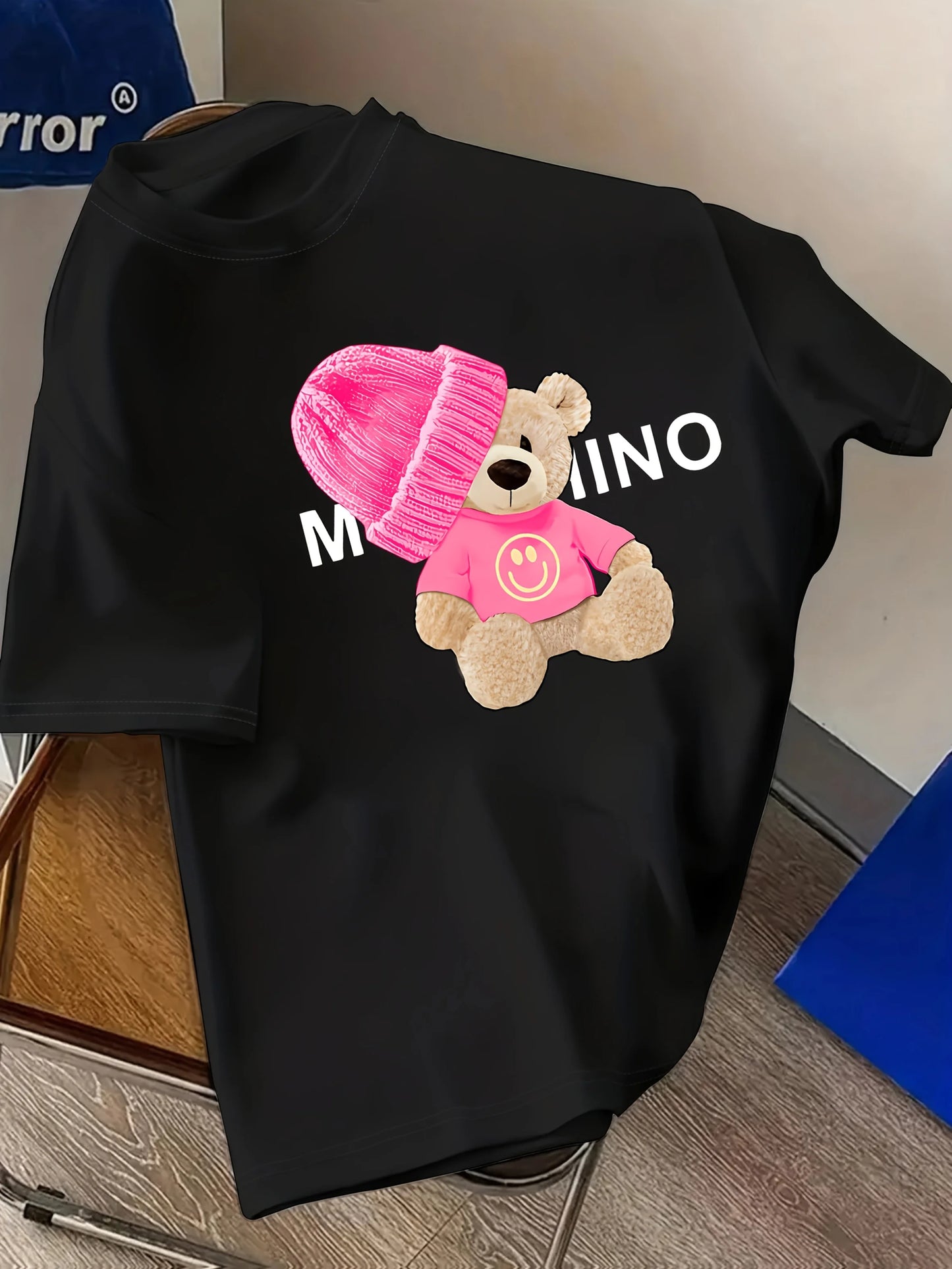 Graphic T-Shirt Short Sleeve Crew Neck with Soft Comfortable Spring Women's Light Blue Casual Teddy Bear