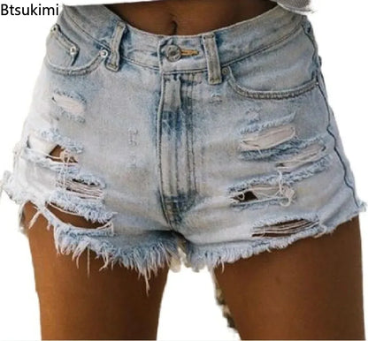 2026 Summer Ripped Jeans Women's Vintage Denim Shorts Fashion High Waist Skinny Washed Jean Shorts Holes Tassel Femme Hot Pants
