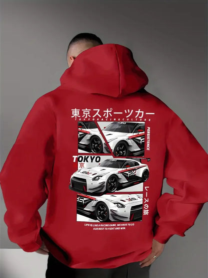 Behind the elements of the Japanese Tokyo Motor City, there is a big picture printed men's casual street style hoodie, sweatshir