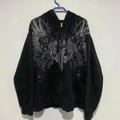 American Retro Rock Gothic Graphic Fur Collar Loose Zipper Sweatshirt Men's Y2K New Harajuku Punk Casual Joker Hoodie Streetwear