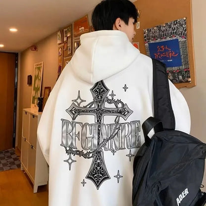 M-8XL Hoodie Men's Large Hoodie American Retro Loose Fashion High Street Cross Chain Printed Long Sleeve Double Shirt