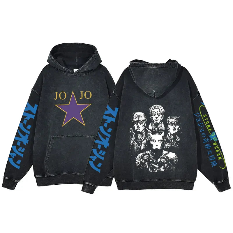 Anime Jojo Bizarre Adventure Print Hoodie Men Vintage Pullover Winter Hip Hop Washed Hooded Sweatshirt Streetwear Oversized Tops
