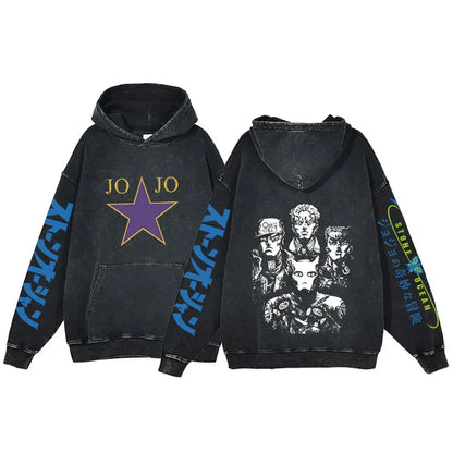 Anime Jojo Bizarre Adventure Print Hoodie Men Vintage Pullover Winter Hip Hop Washed Hooded Sweatshirt Streetwear Oversized Tops