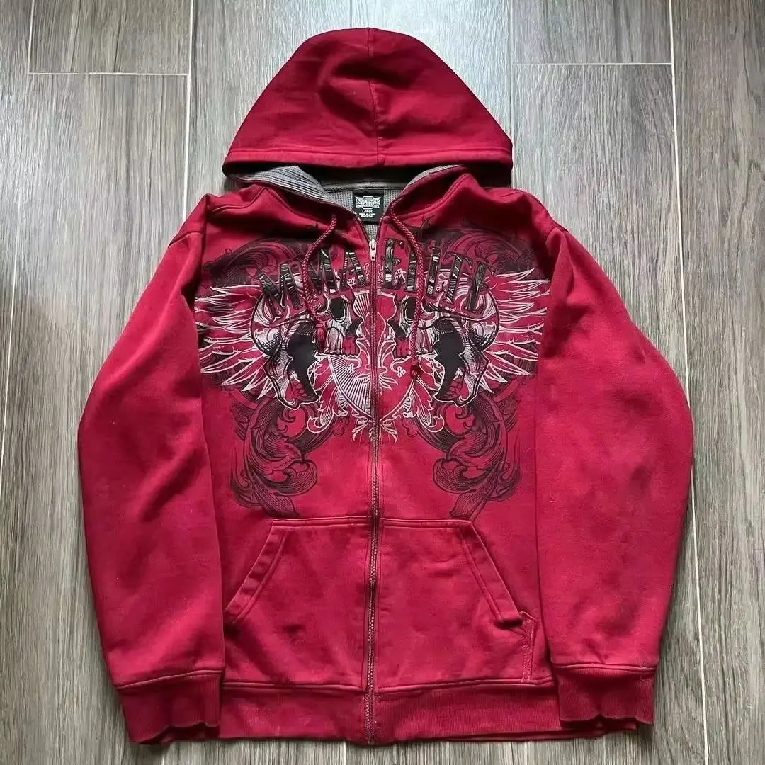 American Retro Rock Gothic Graphic Fur Collar Loose Zipper Sweatshirt Men's Y2K New Harajuku Punk Casual Joker Hoodie Streetwear