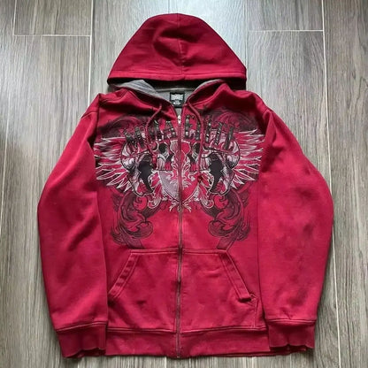 American Retro Rock Gothic Graphic Fur Collar Loose Zipper Sweatshirt Men's Y2K New Harajuku Punk Casual Joker Hoodie Streetwear