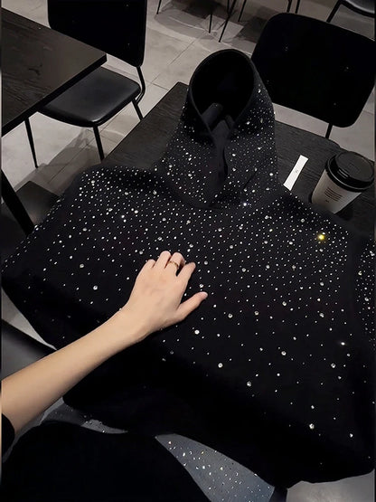 Heavy Duty Street Style Hoodie with Shoulder Pads for Men And Women Spring Autumn Design High End Couple Jacket Glitter Rhine...