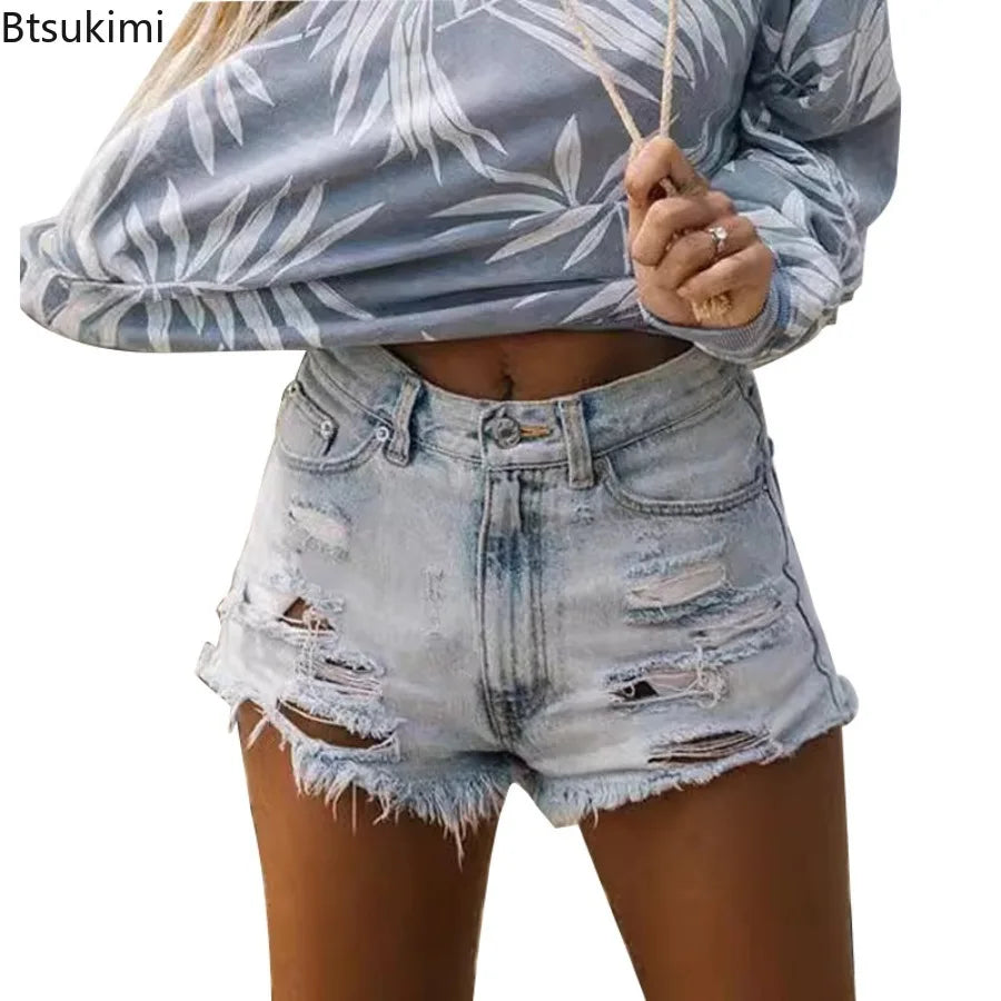 2026 Summer Ripped Jeans Women's Vintage Denim Shorts Fashion High Waist Skinny Washed Jean Shorts Holes Tassel Femme Hot Pants