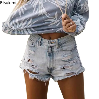 2026 Summer Ripped Jeans Women's Vintage Denim Shorts Fashion High Waist Skinny Washed Jean Shorts Holes Tassel Femme Hot Pants