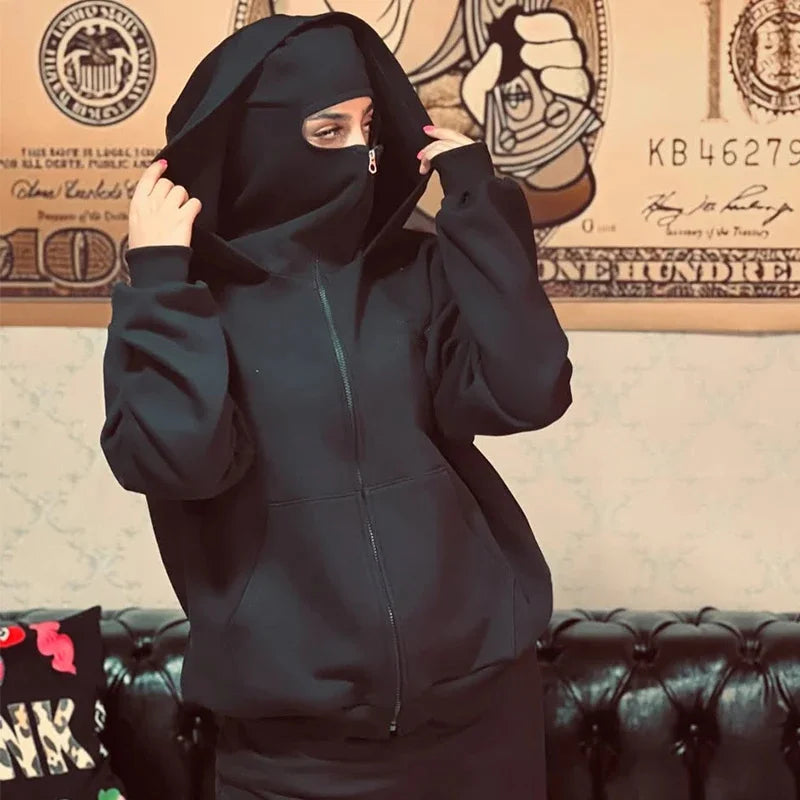 Men's and women's Balaclava Y2K Gothic Harajuku winter new item double hooded sweatshirt men's hooded mask zipper sportswear