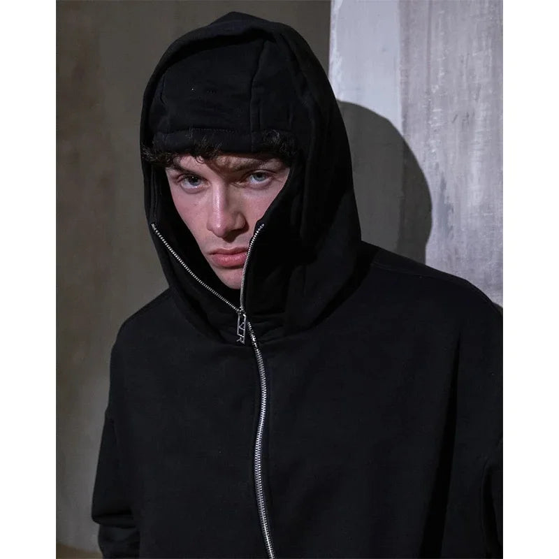 Men's and women's Balaclava Y2K Gothic Harajuku winter new item double hooded sweatshirt men's hooded mask zipper sportswear