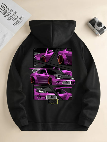 Men's new fashion hoodie, casual daily drawstring hooded sweatshirt car print, front kangaroo pocket, jacket