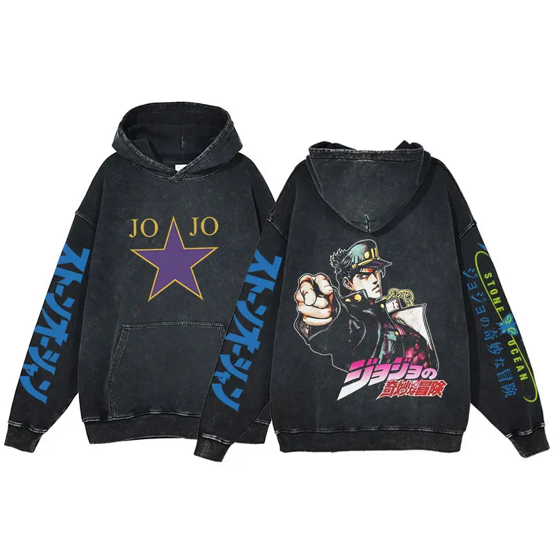 Anime Jojo Bizarre Adventure Print Hoodie Men Vintage Pullover Winter Hip Hop Washed Hooded Sweatshirt Streetwear Oversized Tops