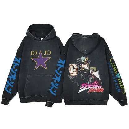 Anime Jojo Bizarre Adventure Print Hoodie Men Vintage Pullover Winter Hip Hop Washed Hooded Sweatshirt Streetwear Oversized Tops